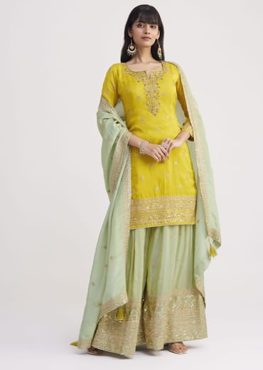 Yellow And Pista Green Tissue Palazzo Suit With Zardosi Work