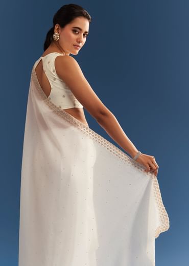 White Crushed Tissue Cutdana Embroidered Saree