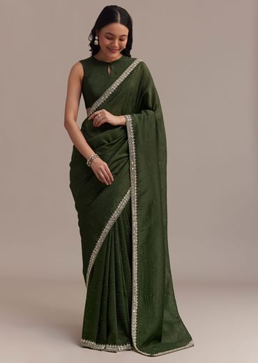 Mehendi Green Crushed Tissue Saree With Embellished Border