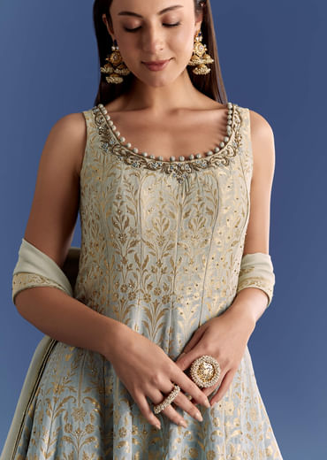 Blue Ombre Georgette Anarkali With Cutdana Neck And Zari Dupatta
