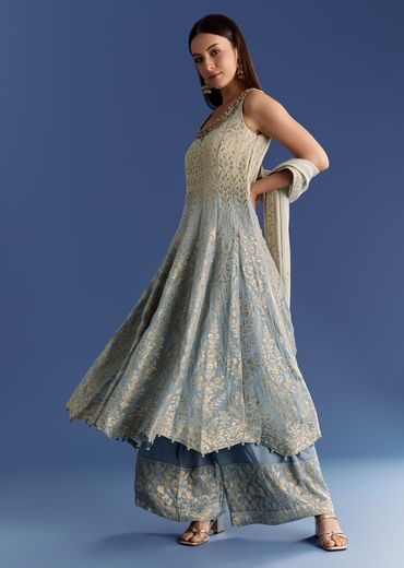 Blue Ombre Georgette Anarkali With Cutdana Neck And Zari Dupatta