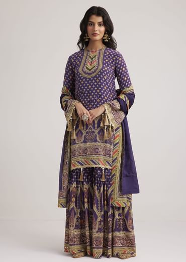 Purple Crepe Silk Sharara Set With Mirror And Sequins Work