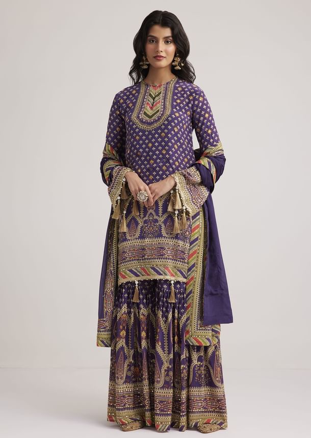 Purple Crepe Silk Sharara Set With Mirror And Sequins Work