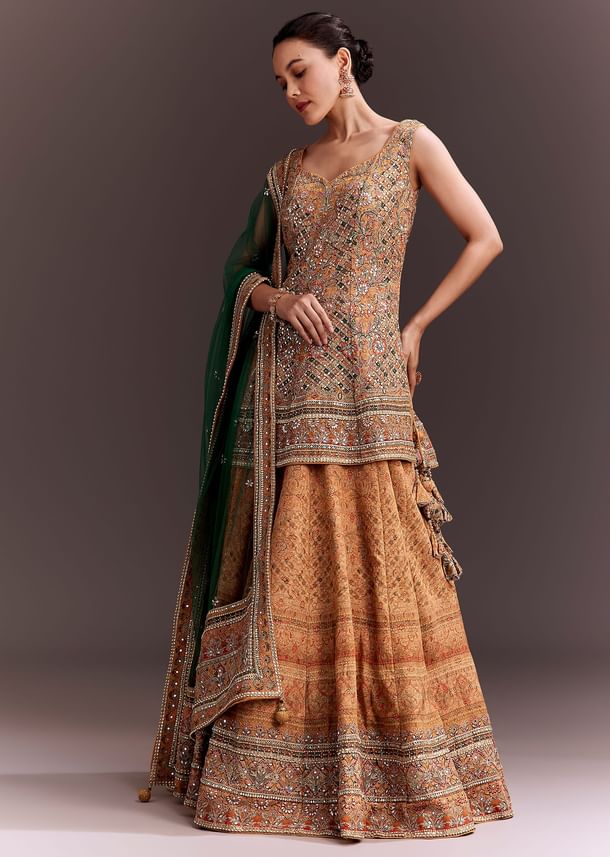 Yellow Printed and Mirror Embroidered Lehenga Set