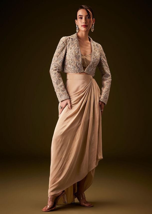 Beige Gold Zardozi Embroidered Jacket With Draped Skirt And Bustier