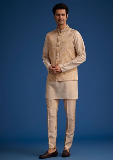 Gold Beige Banarasi Silk Kurta Jacket Set With Self Work