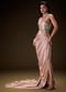Blush Peach Embroidered Brocade Corset Gown With Drape And Side Slit