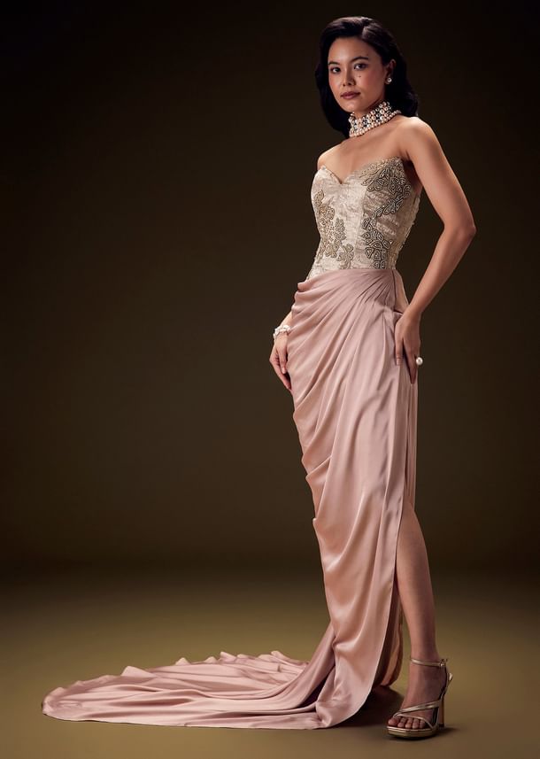 Blush Peach Embroidered Brocade Corset Gown With Drape And Side Slit