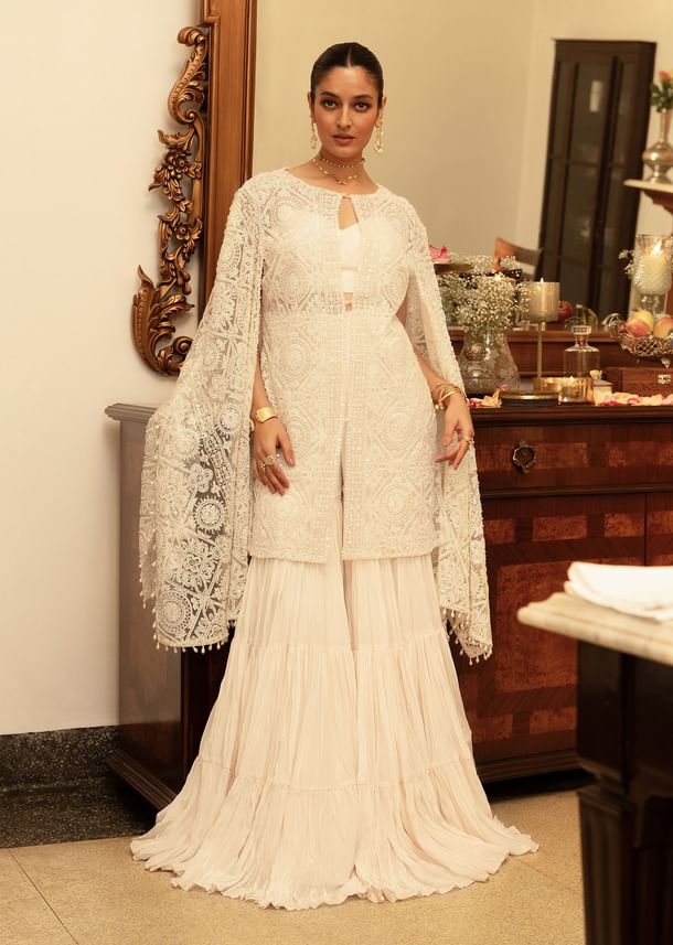 Off White Sequence Crepe Gathered Sharara Set With Fancy Sleeves Jacket