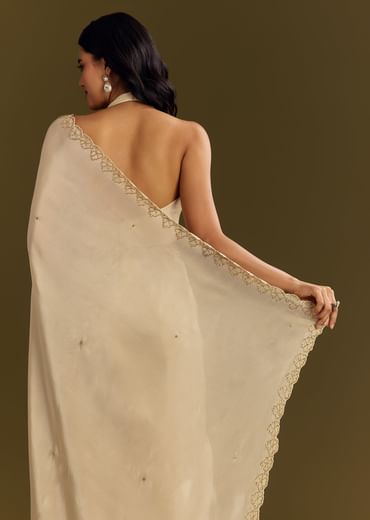 Beige Tissue Saree With Cutdana And Beads Scallop Border