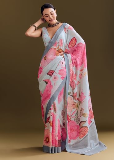 Grey Cotton Linen Saree With Floral Print