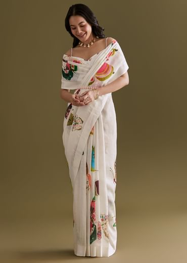 Ivory Cotton Linen Saree With Multicolour Butterfly Prints