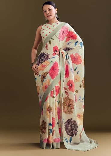 Pista Cotton Linen Saree With Multicolor Florals