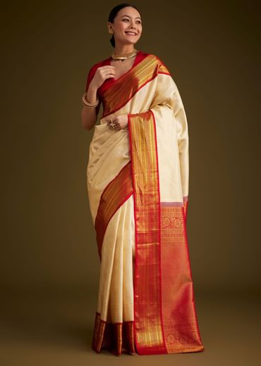 Beige Kanjivaram Silk Saree With Contrast Border