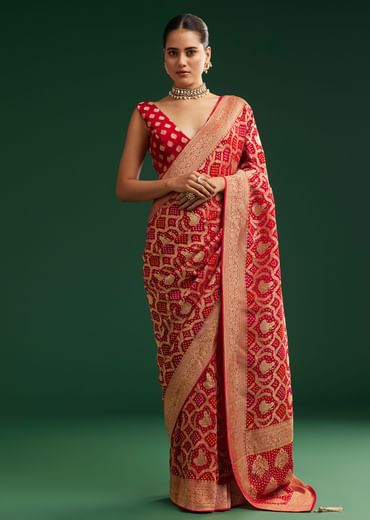 Red Khaddi Georgette Saree With Zari Woven Jaal Work
