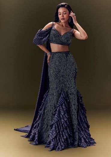 Embroidered Bodice Lehenga With Puff Sleeves Cape