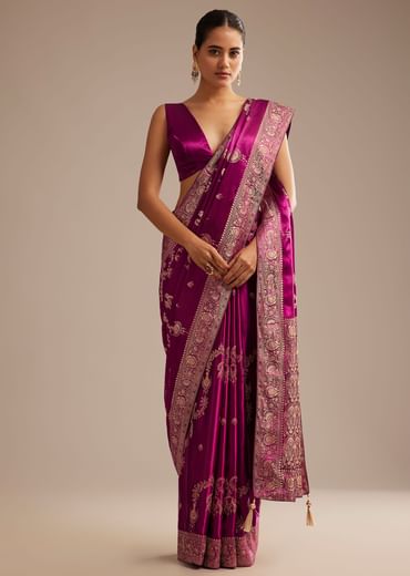 Wine Satin Saree With Zari Woven Work
