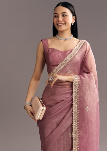 Lavender Crushed Tissue Saree With Stones And Cutdana Embroidery