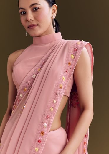 Pink Georgette Saree With All Over Kashmiri Bud Work