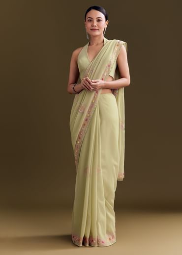 Green Georgette Saree With Kashmiri Bud Embroidery