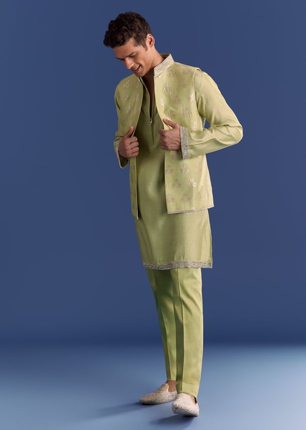 Mint Green Munga Silk Kurta Jacket Set With Hand Embroidery Mint Green Munga Silk Kurta Jacket Set With Hand Embroidery