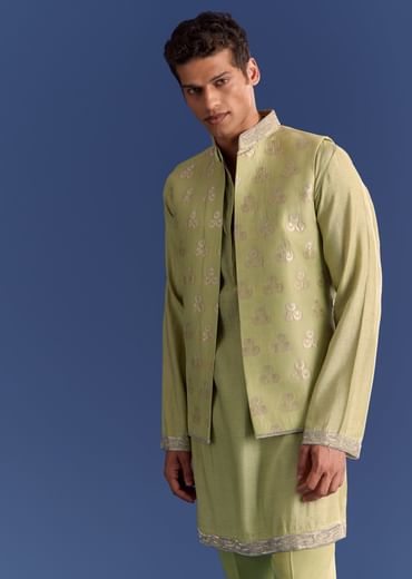 Mint Green Munga Silk Kurta Jacket Set With Hand Embroidery