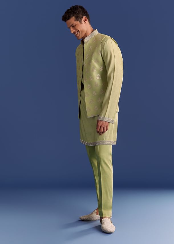 Mint Green Munga Silk Kurta Jacket Set With Hand Embroidery Mint Green Munga Silk Kurta Jacket Set With Hand Embroidery