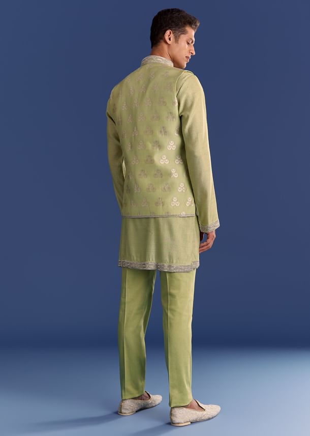 Mint Green Munga Silk Kurta Jacket Set With Hand Embroidery Mint Green Munga Silk Kurta Jacket Set With Hand Embroidery