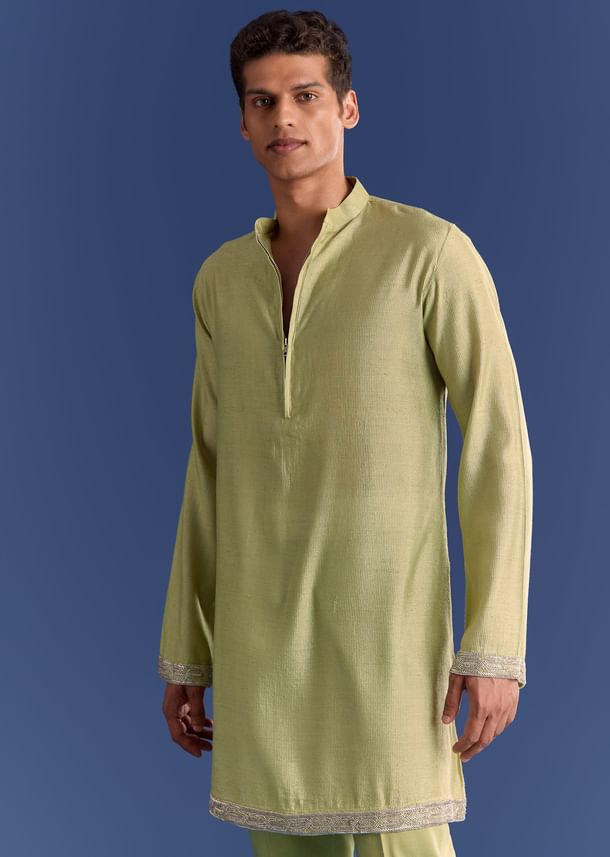 Mint Green Munga Silk Kurta Jacket Set With Hand Embroidery Mint Green Munga Silk Kurta Jacket Set With Hand Embroidery