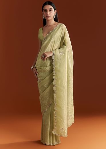 Light Green Tissue Zardosi Saree With Scallop Border