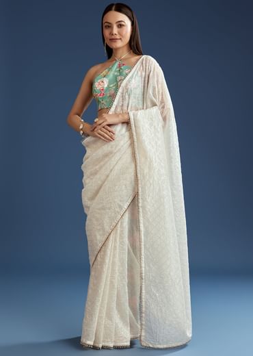 White Green Glass Tissue Sequin Embroidered Saree With Contrast Blouse
