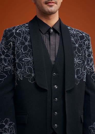 Black Embroidered Floral Tuxedo Set