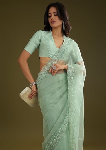 Pista Green Tissue Saree With Embroidered Scallop Border