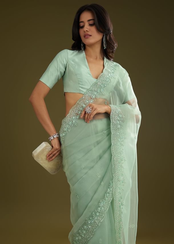 Pista Green Tissue Saree With Embroidered Scallop Border