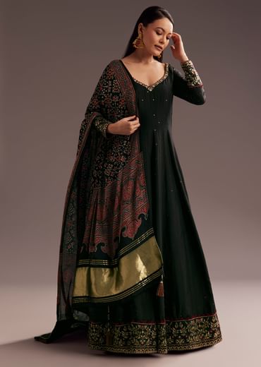 Black Sequins Zardosi Silk Anarkali Dupatta Set
