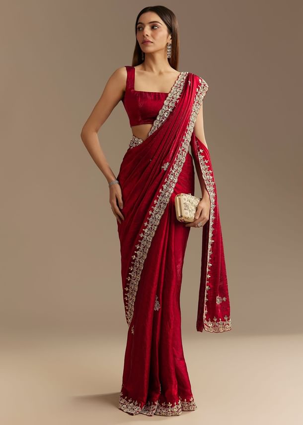 Red Satin Saree With Gotapatti And Scallop Border
