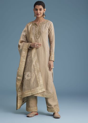 Beige Tissue Pant Set With Multi Colour Resham Work Dupatta