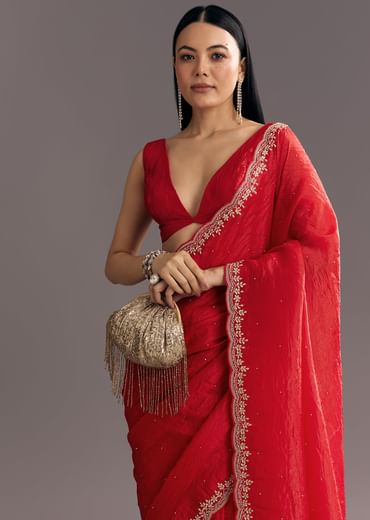 Red Crushed Tissue Stone Embellished Saree With Cutdana Scallop Border