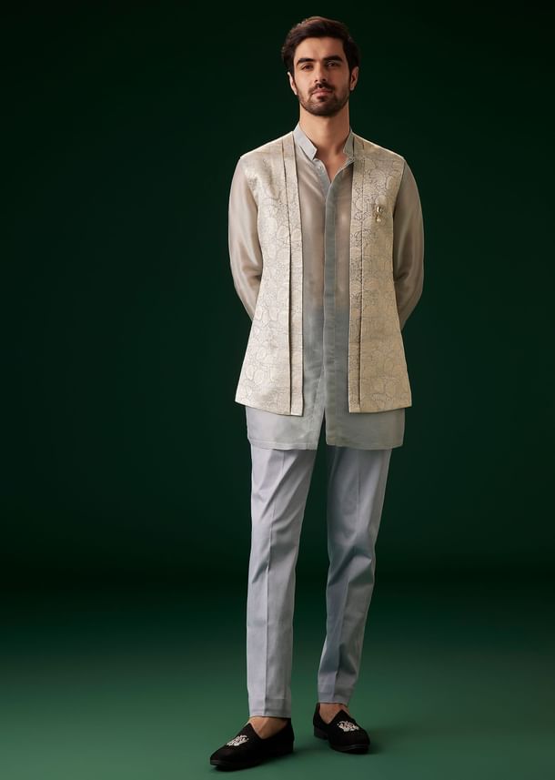 Sky Blue Banarasi Silk Kurta Jacket Set