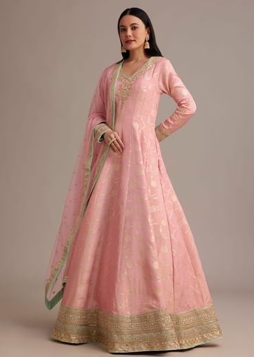 Pink Banarasi Tissue Anarkali Set With Zardosi And Cut Dana Work