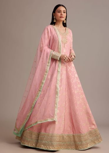 Pink Banarasi Tissue Anarkali Set With Zardosi And Cut Dana Work