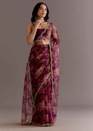 Wine Organza Saree With Floral Print And Hand Embellished Border