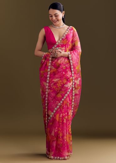Pink Organza Floral Saree With Embellished Border