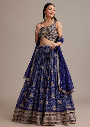 Royal Blue Bandhani Lehenga Set With Zari Butti And Sequins Work