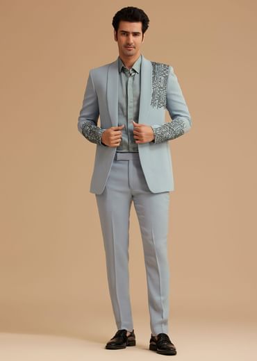 Pale Blue Cotton Satin Tuxedo With Handcrafted Cut Dana Work