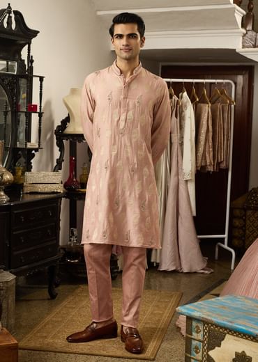 Pink Munga Silk Embroidered Butti Kurta Set