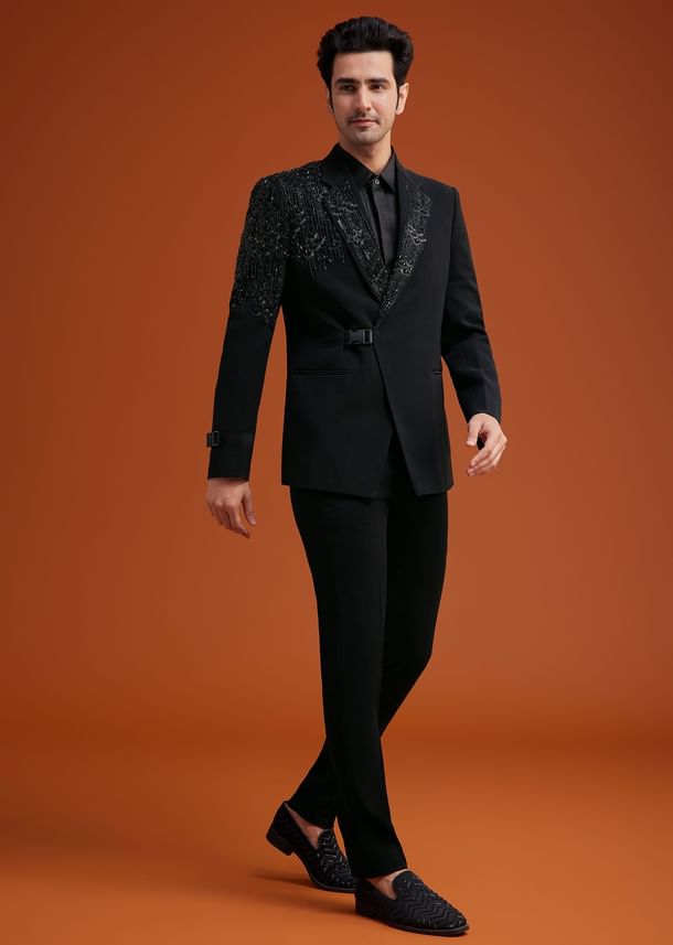 Black Tuxedo With Asymmetric Beaded Embellishments