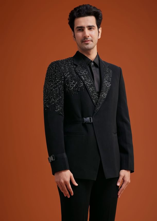 Black Tuxedo With Asymmetric Beaded Embellishments