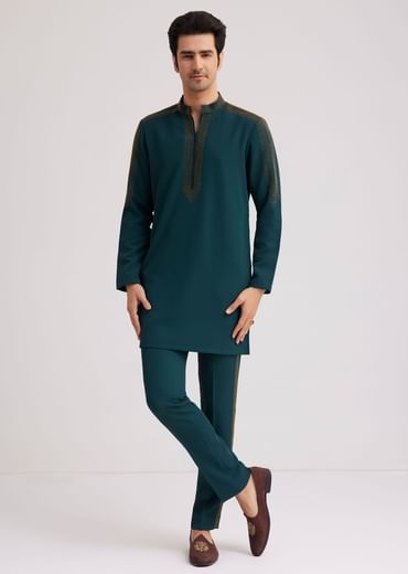 Peacock Blue Lycra Kurta Set With Bead Work