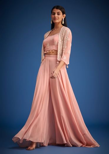 Peach Georgette Embroidered Cape Lehenga Set